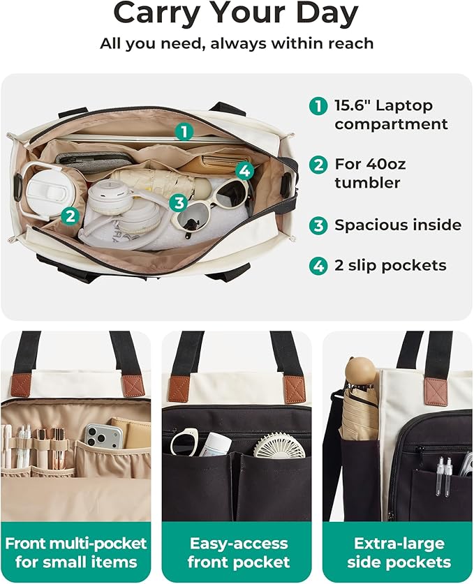 BAGSMART Small Tote Bag for Women, 13'' Laptop Canvas Work Bag with Zipper | 30oz/40oz Tumble & 11 Pockets Travel Tote, Teachers/Nurses, Lightweight Canvas or Water-Resistant Puffer Taslon Crossbody Bag