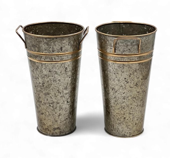 Hosley Set of 2 Zinc Finish Bucket/Pot Vase with PVC Liner, 5" Dia x 9" H Ideal Gift for Floral Arrangements Wedding Home Office Party DIY Indoor Outdoor Garden Patio