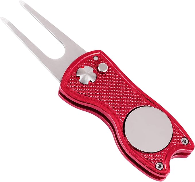Mile High Life Microfiber Waffle Pattern Golf Towel | Club Groove Cleaner Brush | Foldable Divot Tool with Magnetic Ball Marker (Red Towel/Brush/Fish Divot)
