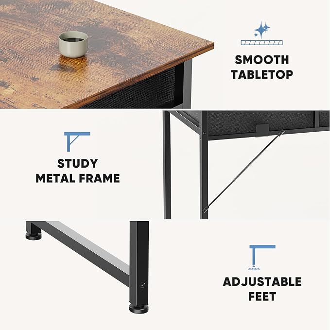 DUMOS 32-Inch Small Computer Desk with Drawers, Hook and Side Bag, Brown | Home Office Desk for Bedroom, Gaming Writing Study Desk with Adjustable Feet