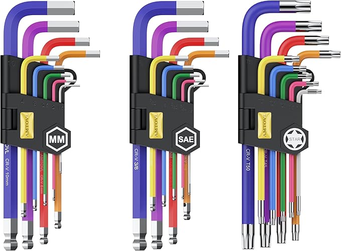 AMTOVL 27PCS Allen Key Set, Metric & SAE Allen Wrench Set, Extra Long Ball & Star End Hex Keys with T-Handle & Color Coding for Bicycle, Household DIY