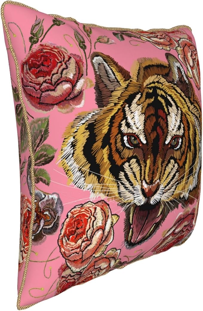 Tiger Floral Pink Velvet Pillow Covers 18x18 Inch Flower Animal Print Throw Pillows for Couch Farmhouse Cushion Covers Pillowcase Modern Pillow Cases for Sofa Bed Living Room Outdoor Decor