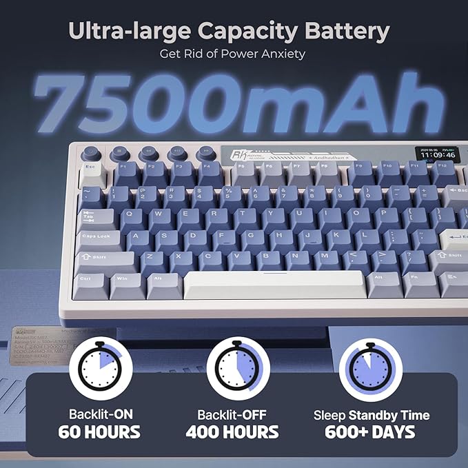 RK ROYAL KLUDGE M87 Wireless Gaming Keyboard with Screen & Dual Knobs, Blue | Bluetooth/2.4G/Wired, Hot Swappable Cream Switches, 5-Layer Noise Dampening Gasket Structure,Compact 75% Size for PC/WIN/Mac