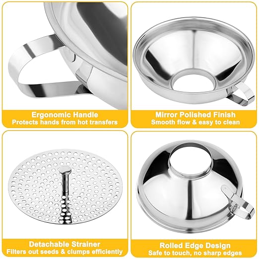 Stainless Steel Canning Funnel with Strainer, 3 Piece Wide & Regular Mouth Jar Funnels Set, Large & Small Metal Funnels with Detachable Umbrella Strainer, for Mason Jars, Jam, Liquids, Dry Goods