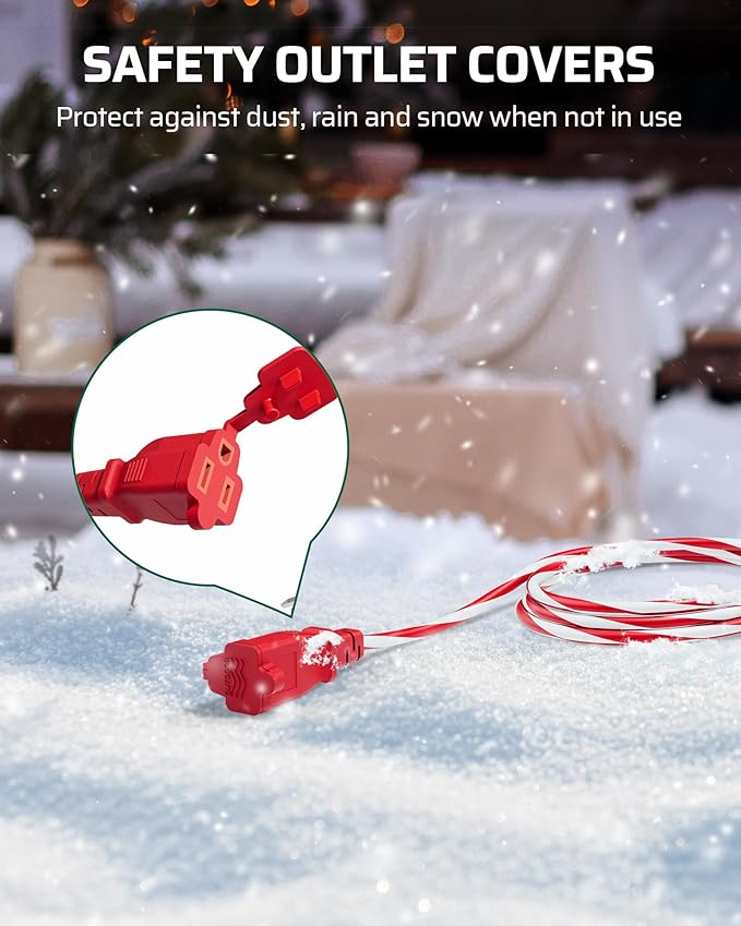 DEWENWILS 25FT Outdoor Extension Cord with Multiple Spaced Outlets Plugs, 16/3 SJTW Power Cord for Outdoor String Lights and Holiday Decorations, Appliances, UL Listed, Candy Cane