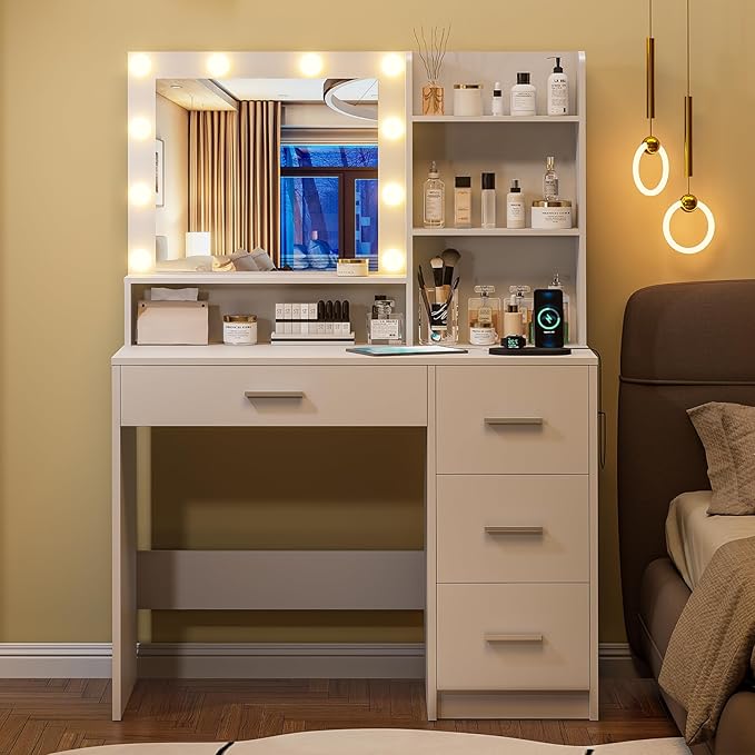 Vanity Desk with Lighted Mirror, White Vanity with 4 Drawers,Makeup Vanity with Storage Shelves and Power Outlet,10 Lights with 3 Color Modes Brightness Adjustable for Girls’ Bedroom (White)