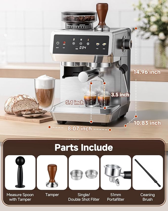 AMZCHEF Espresso Machine With Grinder, Temp Control, 44 Grind Settings | Hot & Cold Brew, Cappuccinos & Lattes, Built-in Grinder, Milk Frother, Touch Screen, Easy to Clean, Compact Design, Silver