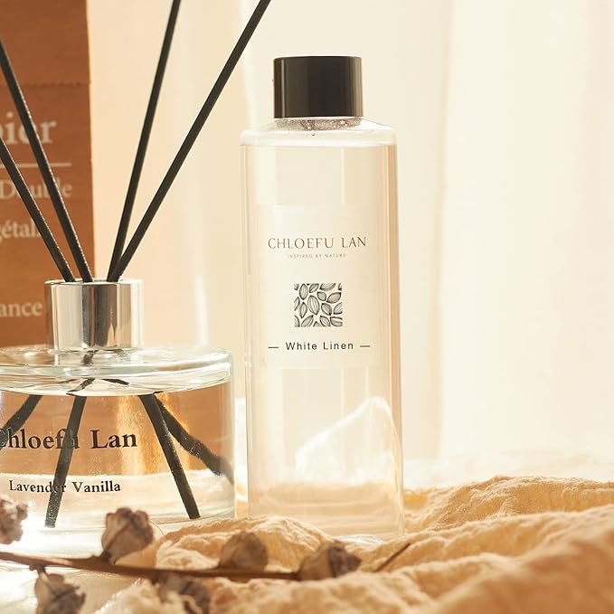 Chloefu LAN Fresh Linen Reéd Diffuser Refill 200ml/6.76 fl oz, Natural Essential Scented Oil, Best for Aromatherapy, SPA and Home, 0% Alcohol, A Fresh Clean Cotton Scent, Free Set of Sticks