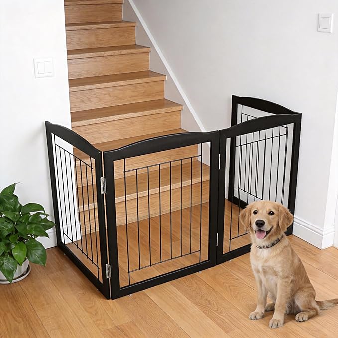ZJSF Freestanding Foldable Dog Gate for House Extra Wide Wooden Indoor Puppy Gate Stairs Doorways Pet Gate Tall Dog Fence 2 Panels Fence Black
