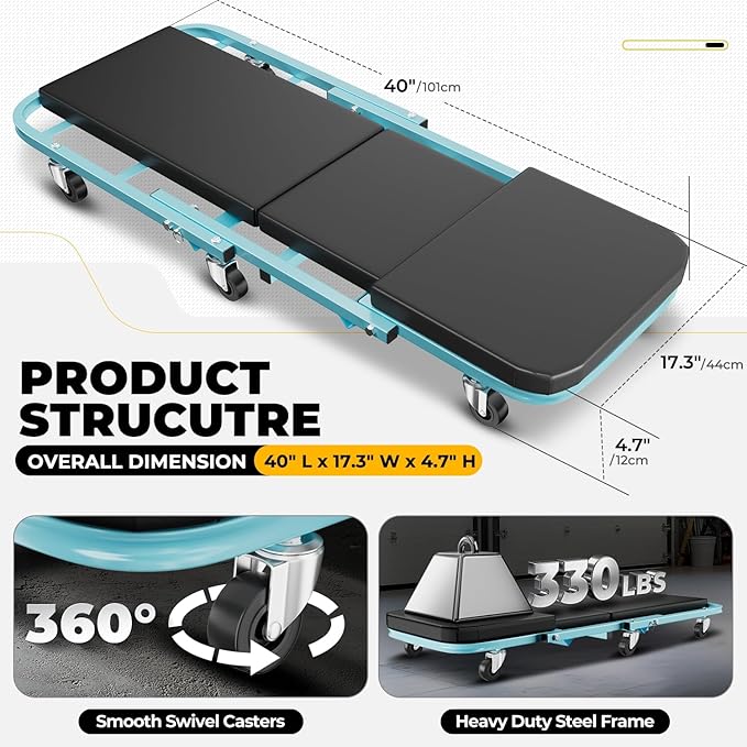 Auto Dynasty 40" Z-Creeper Seat, 2-in-1 Foldable Garage Creeper Shop Seat, 330 LBS Capacity Automotive Mechanic Repair Under Car Rolling Creeper Seat, Sky Blue