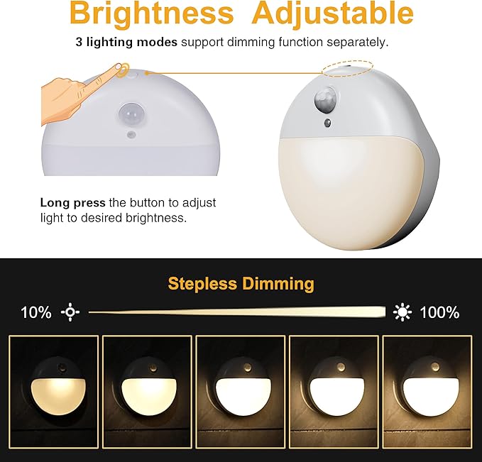 4 Pack Stair Lights Indoor, 2.6" Small Stick on Lights, Dimmable Motion Sensor Night Light, 3 Light Modes, Portable Battery Night Light for Corners, Cabinet, Toilet, Bedroom, Kids, Warm White