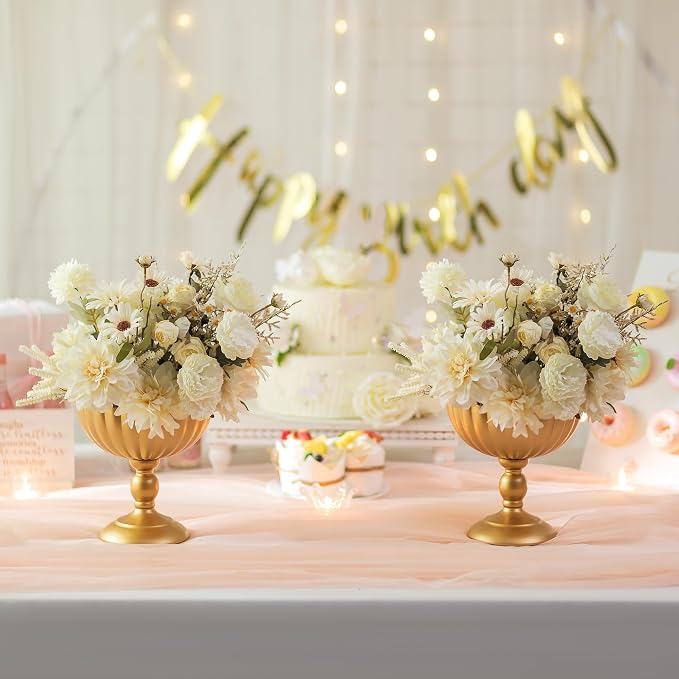 Sziqiqi Gold Urn Vase for Wedding, Tall Vases Centrepieces for Table, 10Pcs | 7.9in Compote Vase, Metal Flower Holder for Floral Arrangement, Pedestal Footed Bowl for Birthday, Party, Anniversary