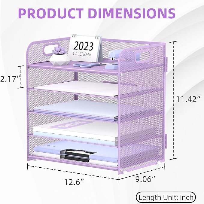 2 Pack 5-Tier Purple Desk Organizer with Handle Mesh Desk File/Paper Organizer Letter Tray for Office, School and Home Easy Installation Purple Office Supplies