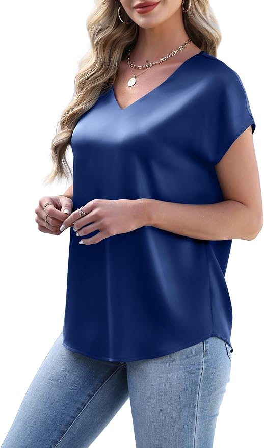 WIHOLL Womens Satin Summer Tops Cap Short Sleeve Blouses V Neck Shirts Business Casual Outfits Fashion Clothing 2026