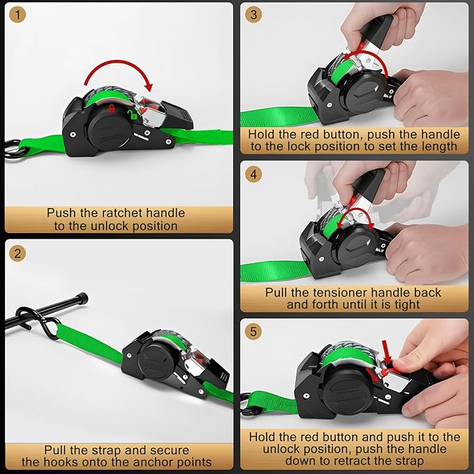 10FT Retractable Ratchet Straps(2-Pack) - 1 Inch (1800 LB Break Strength) Heavy Duty Self Retracting Ratchet Straps with Soft Loops & Storage Bag for Household, Motorcycle, Truck, ATV(Green)