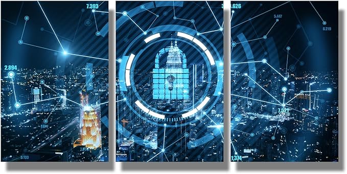 LSIUHWUWI 3 Piece Blue Keylock Hologram with Dark Night City View Pictures Print On Canvas Wall Art for Bedroom Living Room Decoration,Cloud Services Artwork Wooden Framed Ready to Hang, 12x16inchx3