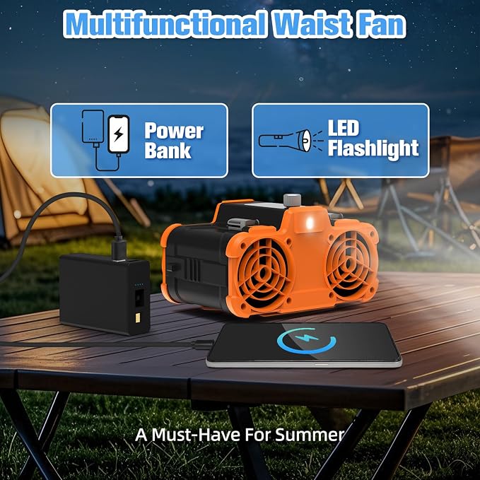 12000mAh Portable Waist Fan, 6 in 1 Rechargeable Wearable Belt Clip Fan with Flashlight & Detachable Power Bank, Strong Airflow Body Fans Neck Fans Hands-Free 30H Cooling for Hiking Cruise Courier