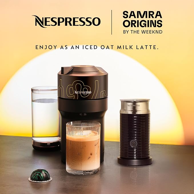 Nespresso Samra Origins Vertuo Pop+ Coffee Machine with Milk Frother | Samra Origins by The Weeknd in buna yellow, by De'Longhi. Aeroccino3 frother bundle for hot or cold foam drinks at home.