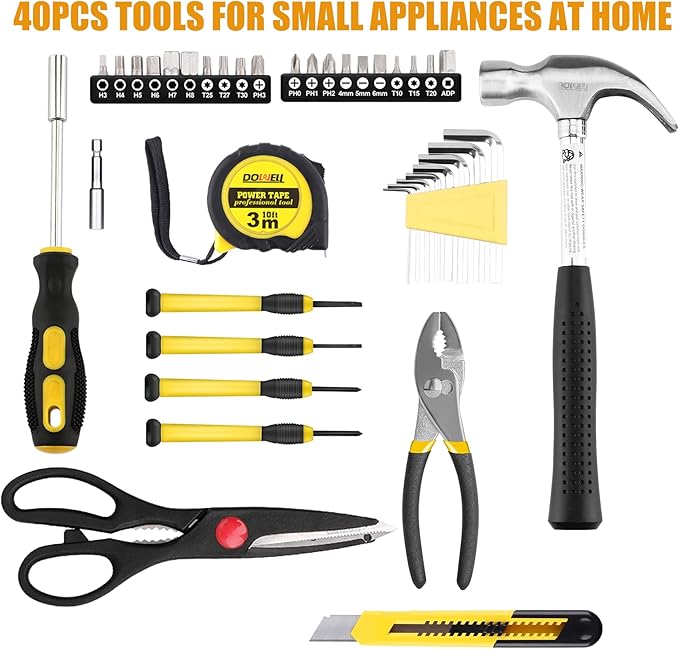 DOWELL 40 Piece Home Tool Set Yellow, General Household Hand Tool Kit with Plastic Toolbox Storage Case, Mini Repair Tool kit for Women, College Students, Home Use & More