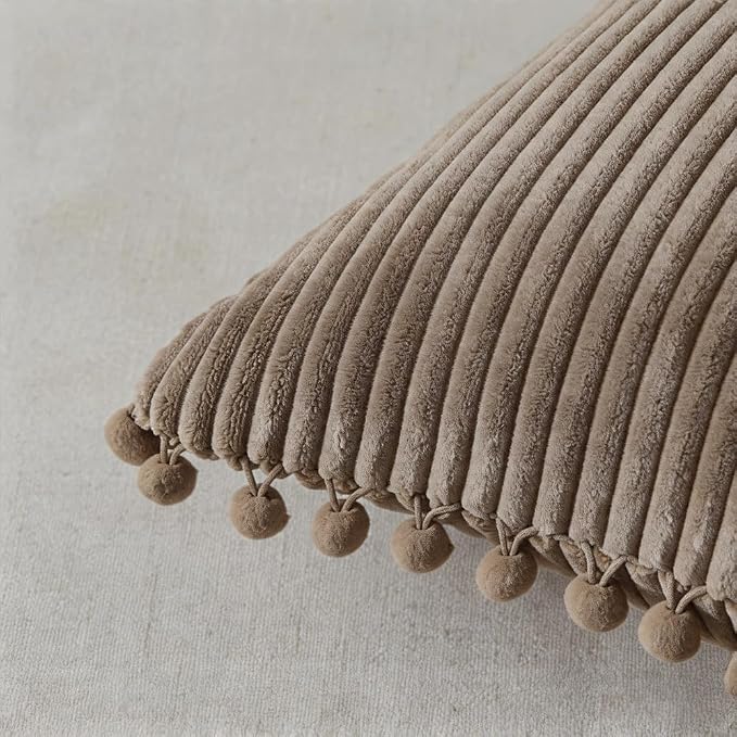 Fancy Homi Set of 2 Light Brown Euro Decorative Throw Pillow Covers 26x26 Inch with Pom-poms, Boho Soft Corduroy Solid Square Cushion Case for Couch Sofa Bedroom Car Living Room 66x66 cm