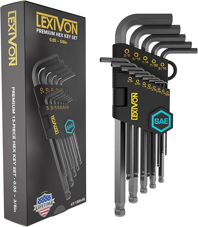 LEXIVON Allen Wrench Set, 13-Piece Premium SAE Hex Keys, L-Shaped Long Arm Ball End Design, Industrial-Grade S2 Alloy Steel (LX-130H-IN)