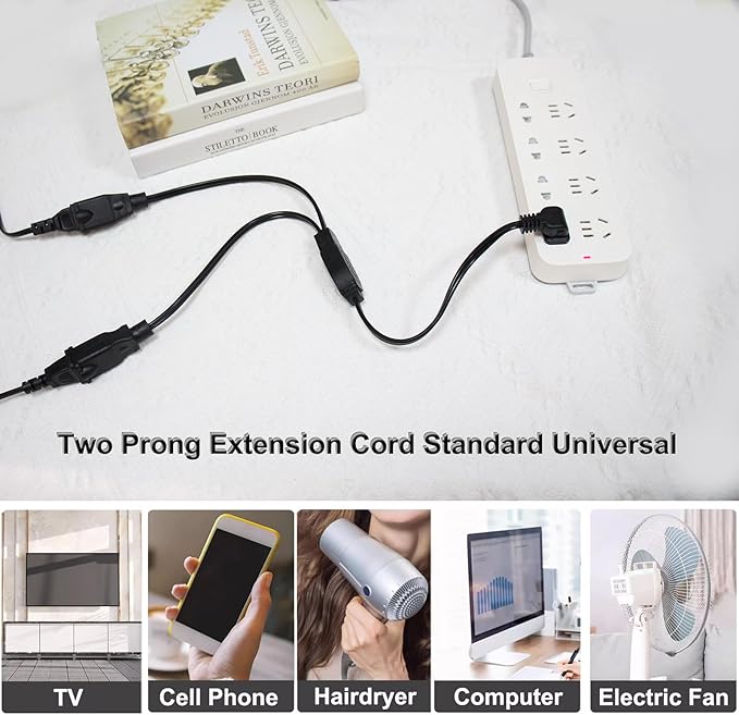 2 Prong Extension Cord Splitter, 2-Pack 90°Right Angle Flat Plug, Slim & Flexible Indoor Short Power Splitter (1.64ft, UL Certified, Black)