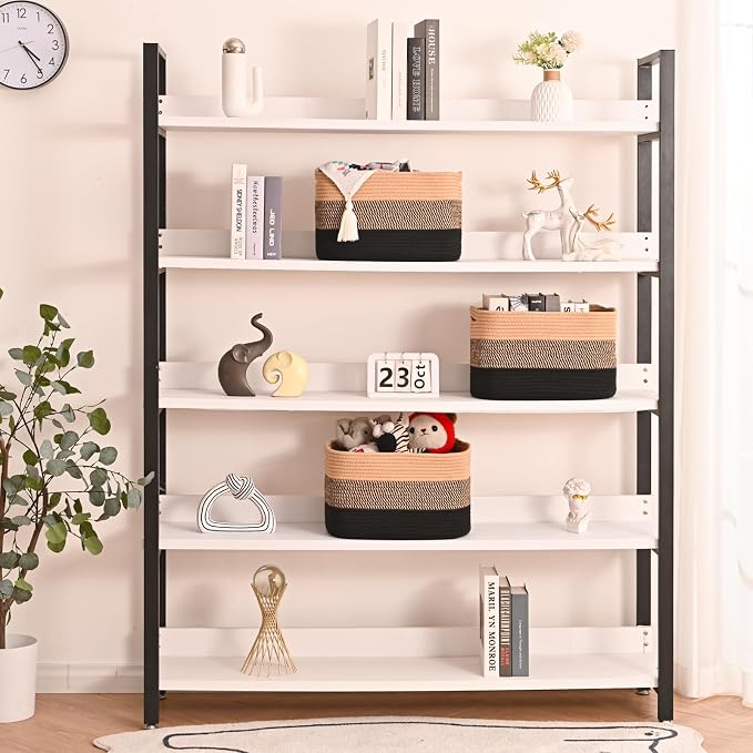 ICERZCZ Storage Baskets for Organizing Shelves, Decorative Baskets for Storage, Woven Cotton Rope Basket for Living Room Bedroom Nursery, 15"x11"x9.5", 3 Packs, Gradient Black & Jute