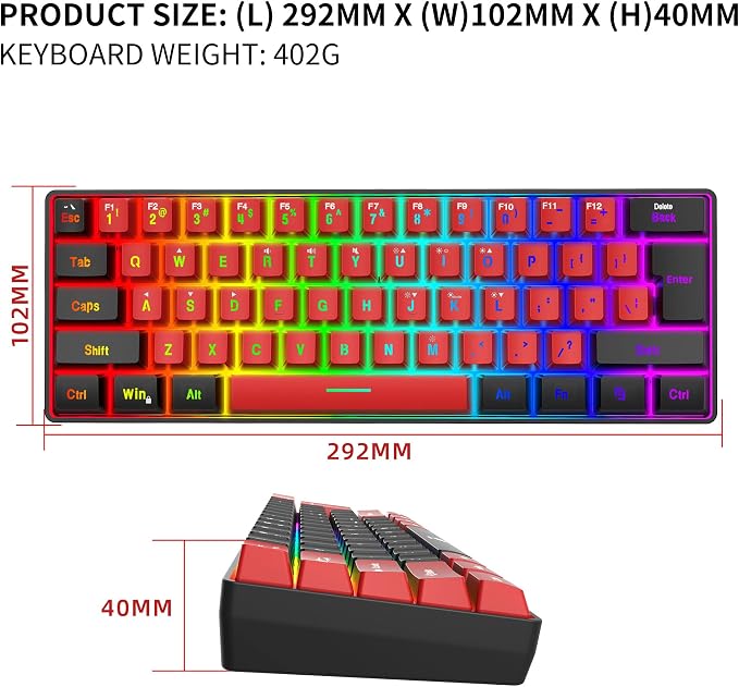 Snpurdiri 60% Wired Gaming Keyboard,True RGB Small Compact 61 Keys Mini Keyboard for PC/Mac Gamer, Typist, Travel, Easy to Carry on Business Trip(Black-Red) | Mini Gaming Keyboard for PC/Mac Gamer, Typist, Travel, Easy to Carry on Business Trip