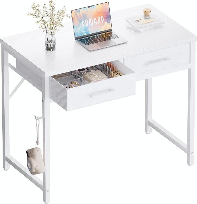 Pamray 32 Inch Small Computer Desk with 2 Drawers for Bedroom Study Writing Home Office Table for Small Spaces White