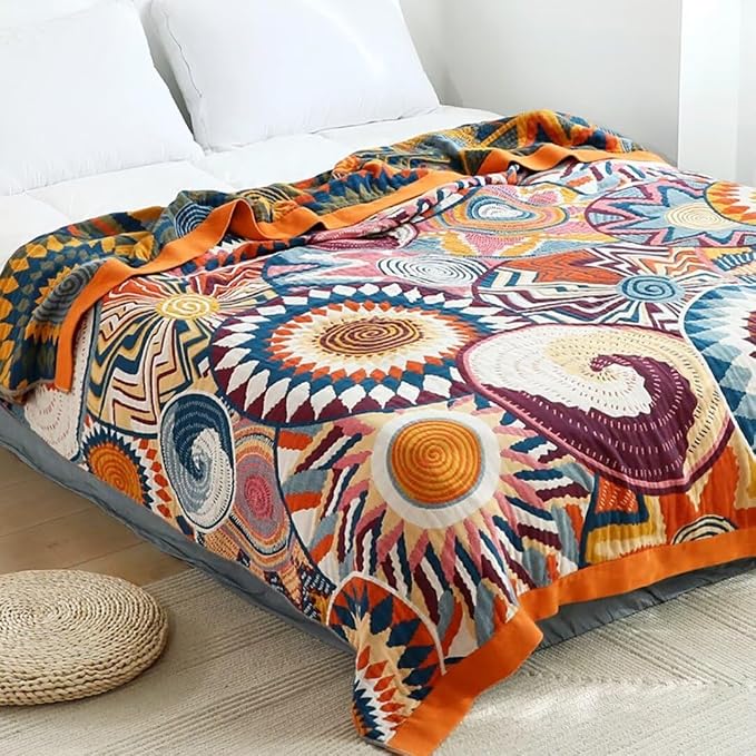 Boho Throw Blanket for Bed 100% Cotton Bohemian Blankets Ultra Soft Woven Muslin Decorative Blankets All Seasons Vintage Quilt Knitted Blanket for Sofa Chair (Colorful, 80"x90")