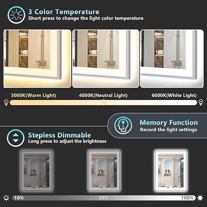 24x32 Brushed Nickel LED Bathroom Mirror with Lights, Sliver Framed Backlit and Front Lit Anti-Fog Lighted Vanity Mirrors for Bathroom Wall, Dimmable, 3 Colors, Memory, Tempered Glass, CRI＞90