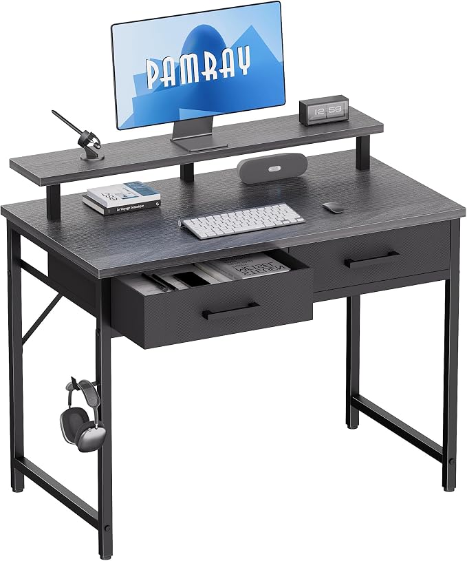 Pamray 32 Inch Small Computer Desk with Monitor Stand and 2 Drawers | Small Gaming Desk, for Bedroom Apartment and Dorm, for Study Work and Writing, Small Spaces, Sturdy, Easy Assembly