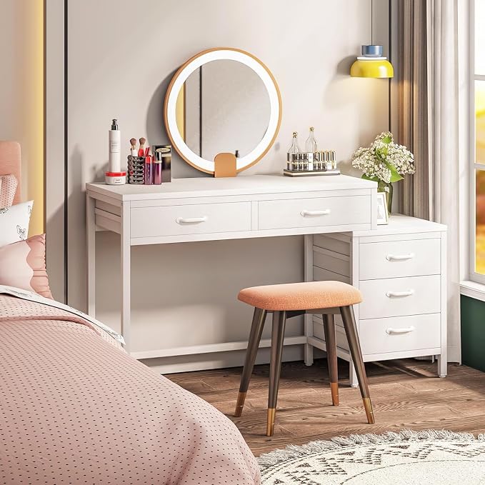 Tribesigns Computer Desk with 5 Drawers, Reversible Home Office Desks | Small Desk with Drawer Cabinet Printer Stand, PC Desk with Storage, White Study Writing Table Workstation for Small Spaces