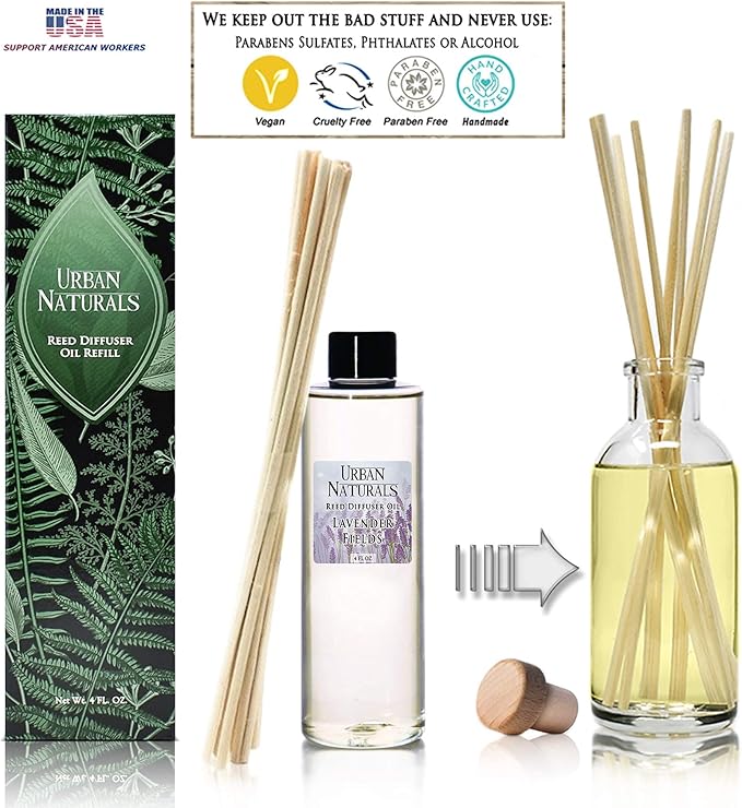 Urban Naturals Lavender Fields Essential Oil Reed Diffuser Refill & Set of Replacement Reed Sticks | Soothing, Aromatic Home Fragrance for Aromatherapy & Stress Relief | Includes a Set of Reed Sticks