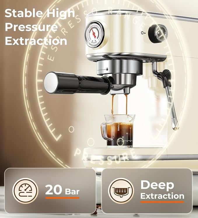 atatix 20 Bar Espresso Machine with Milk Frother, Compact Espresso Maker | Stainless Steel Coffee Machine with Precise Temp Control & 44oz Removable Water Tank for Latte, Cappuccino, Creamy White