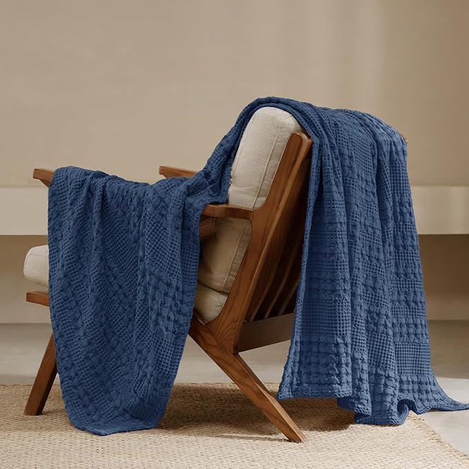 PHF 100% Cotton Waffle Weave Throw Blanket, Lightweight Breathable Summer Blanket for Couch Sofa, Pre-Washed Soft Throws for Bed, Office, Travel & Stylish Home Decor, 50"x60", Bright Navy