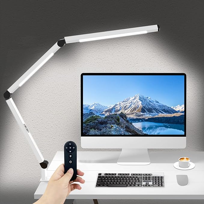 Micomlan LED Desk Lamp for Home Office, Architect Clamp Desk Lamp with Remote Control, Adjustable Dimmable Swing Arm Clamp on Table Light Clip-on Dual Light 5 Brightness Levels & 4 CCT Modes