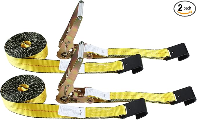 Flat Hook Ratchet Straps-Tie Down Straps Heavy Duty-2 Inch x 27 Feet-Weather Resistant Strap -3,333 Pound Working Load Limit-for Flatbed, Truck, Trailers Pickup(2 Pack) Yellow