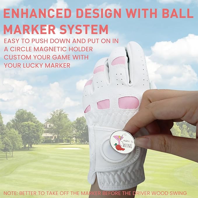 Women Golf Gloves Premium Leather with Magnetic Ball Marker Left Right Hand 1 Pack, Extra Grip for Ladies Comfortable Durable Size Small Medium Large