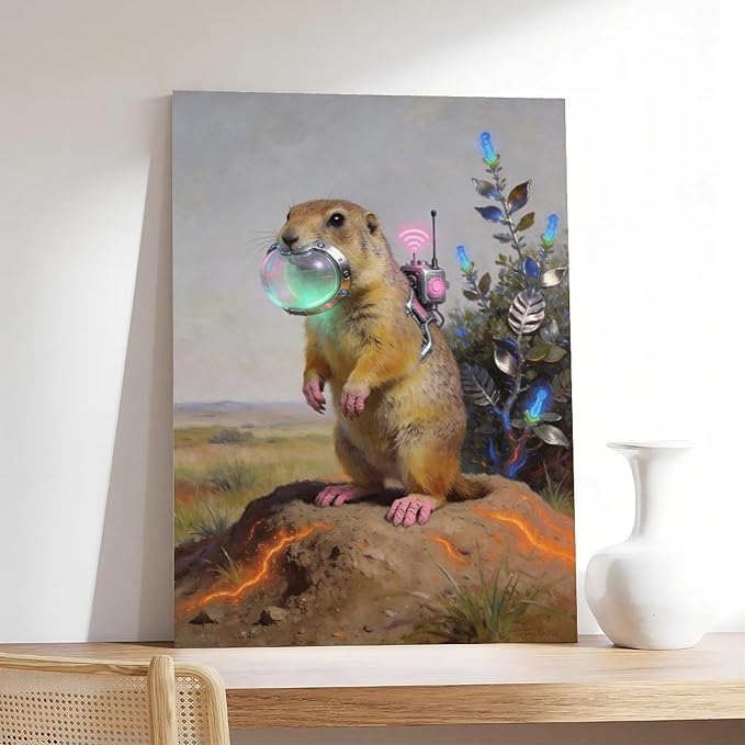 Framed Steampunk Mechanical Prairie Dog Wall Art - Retro-Futuristic Wilderness Poster for Living Room Game Room Decor 08x12inch(20x30cm)