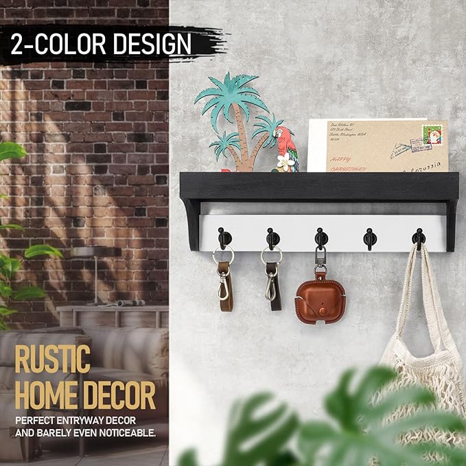 Rebee Vision Key Holder Wall Mount with Shelf - Decorative 2-Color Key Rack with 5 Rustic Key Hooks and Primitive Wood Mail Organizer Wall Mount - Modern Farmhouse Entryway Decor (Black & White)