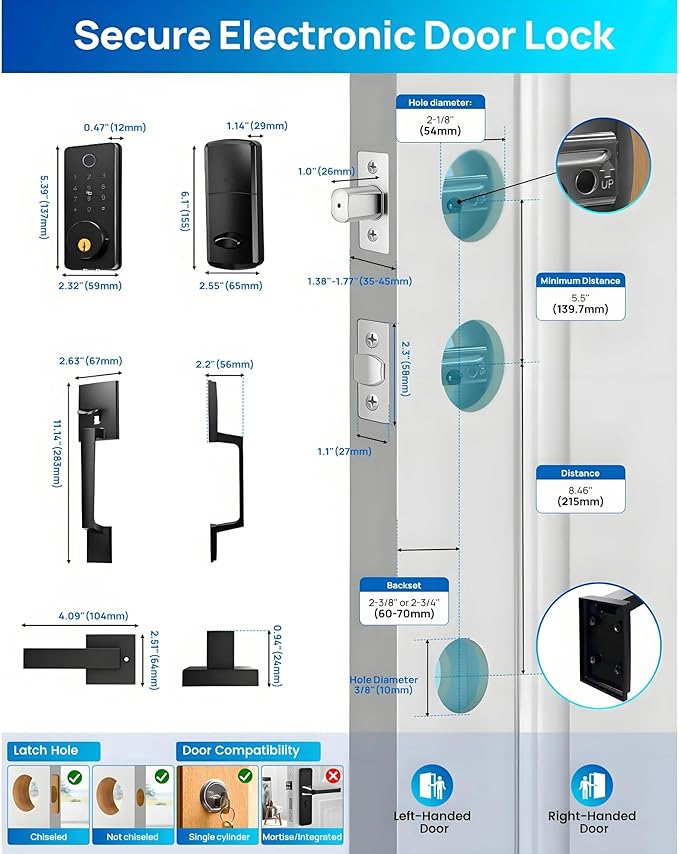 WiFi Smart Keyless Entry Door Lock Set w/Front Door Handle, 0.1s Fingerprint Biometric Unlock, Auto Lock, APP Remote/Passcodes/Cards Control, Keypad Deadbolt, Easy Install for Entry Bedroom