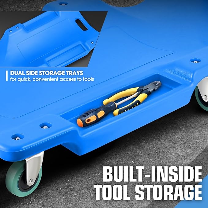 PM PERFORMOTOR 40Inch Low Profile Plastic Rolling Garage Shop Creeper with Padded Headrest,Tool Trays & 6pcs Casters, Blue, PM-TOL-CPC40-BL