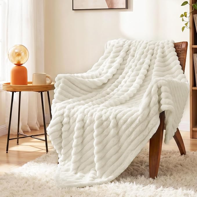 Cream White Blankets Queen Size for Bed, 90 x 90 Inch | 300GSM Ribbed Fleece Blanket, Soft, Cozy & Lightweight, OEKO-TEX Certified, All-Season for Bedrooms, Guest Rooms & Gifting