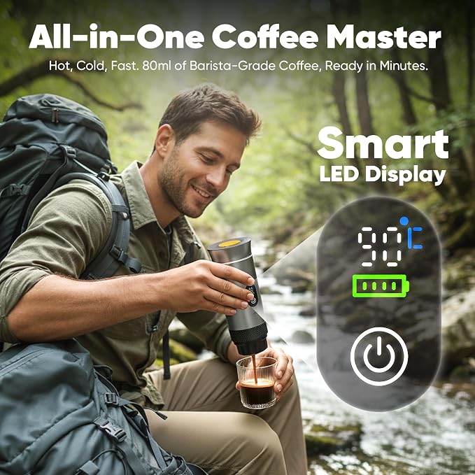 Portable Self-Heating Espresso Maker for Ground Coffee and Capsules | Rechargeable 80 ml travel coffee machine for camping, road trips and car use