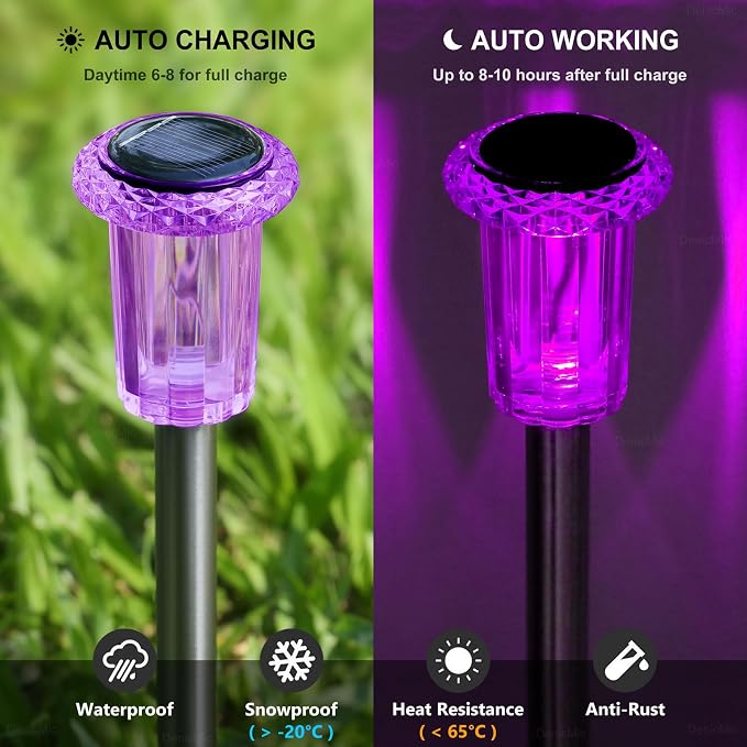 DenicMic Solar Halloween Lights Outdoor 15 Pack Purple LED Halloween Decor | Yard Garden Pathway Walkway Driveway Landscape Spike Style Starburst Light Pattern, IP65 Waterproof, Acrylic/Stainless Steel