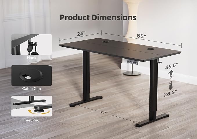 YDN 55 x 24 Inch Black Electric Standing Desk | Adjustable Height, Sit Stand, Cable Management, Ergonomic, Home Office