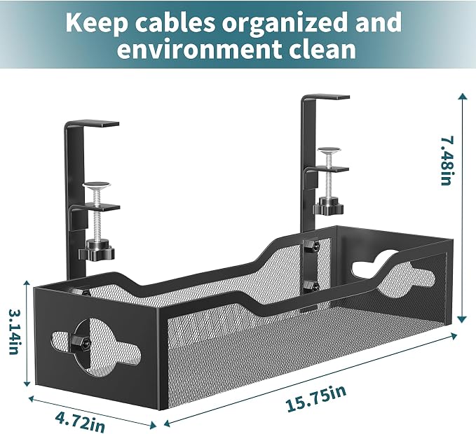 Under Desk Cable Management Tray Black, Litwaro Cable Management Under Desk No Drill, Cable Organizer with Clamp for Wire Management, Cord Organizer No Damage to Desk for Office, Home