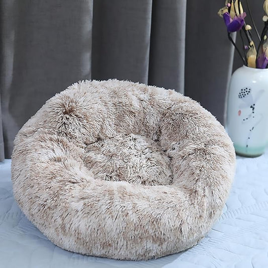 Calming Dog Bed for Small Dogs, Calming Donut Cuddler Pet Bed Anti Anxiety Round Dog Bed Fluffy Plush Faux Fur Cat Bed,Khaki,19.7IN