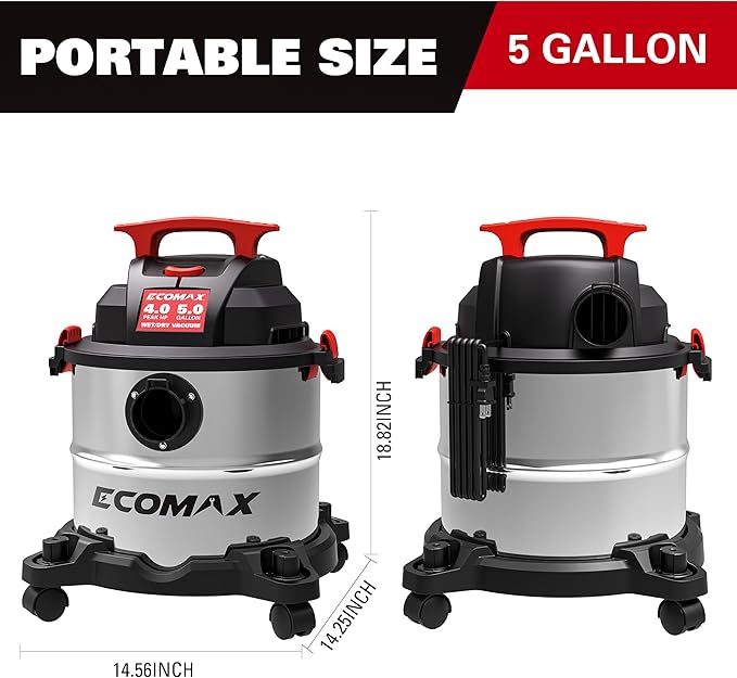 ECOMAX Shop Vacuum Wet and Dry 5 Gallon 4 HP Stainless Steel Wet Dry Vac with Powerful Suction and Blowing Function, Portable 3 in 1 Shop Vacuum for Home, Garage, Car, Jobsite and Workshop, EM18115